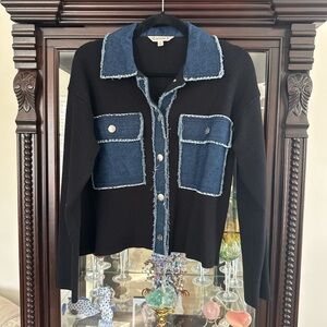 Nanette Lepore Black and Denim Button-Up Cardigan